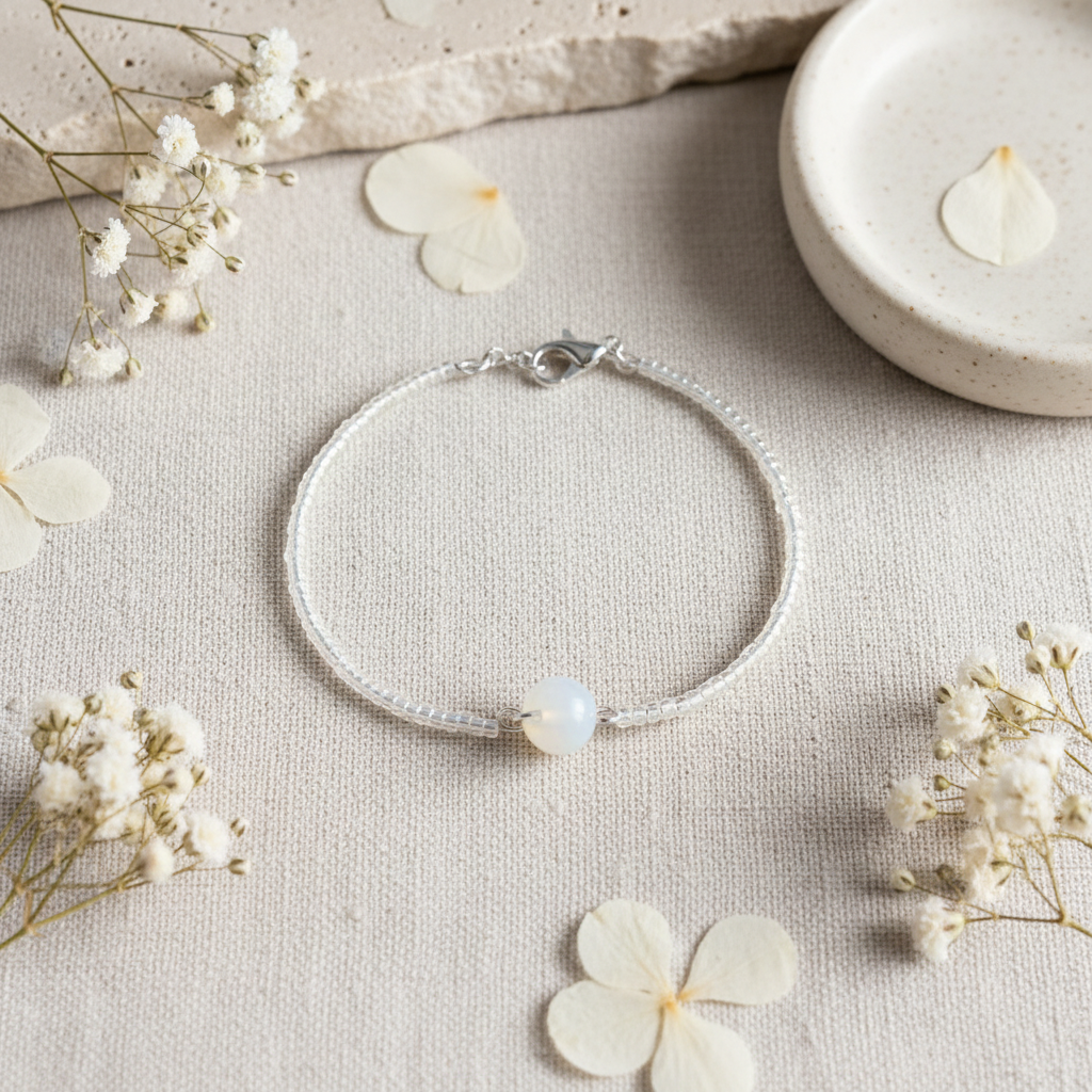 Náramok biely achát guľačka flat lay – Harakka Jewls
