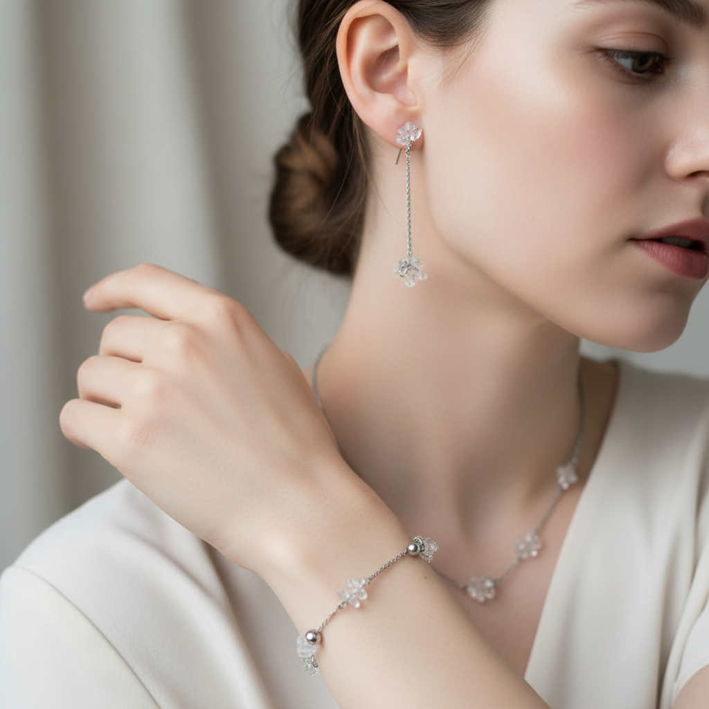 Set krištáľ na modelke – náramok a náušnice, ručná výroba Harakka šperky