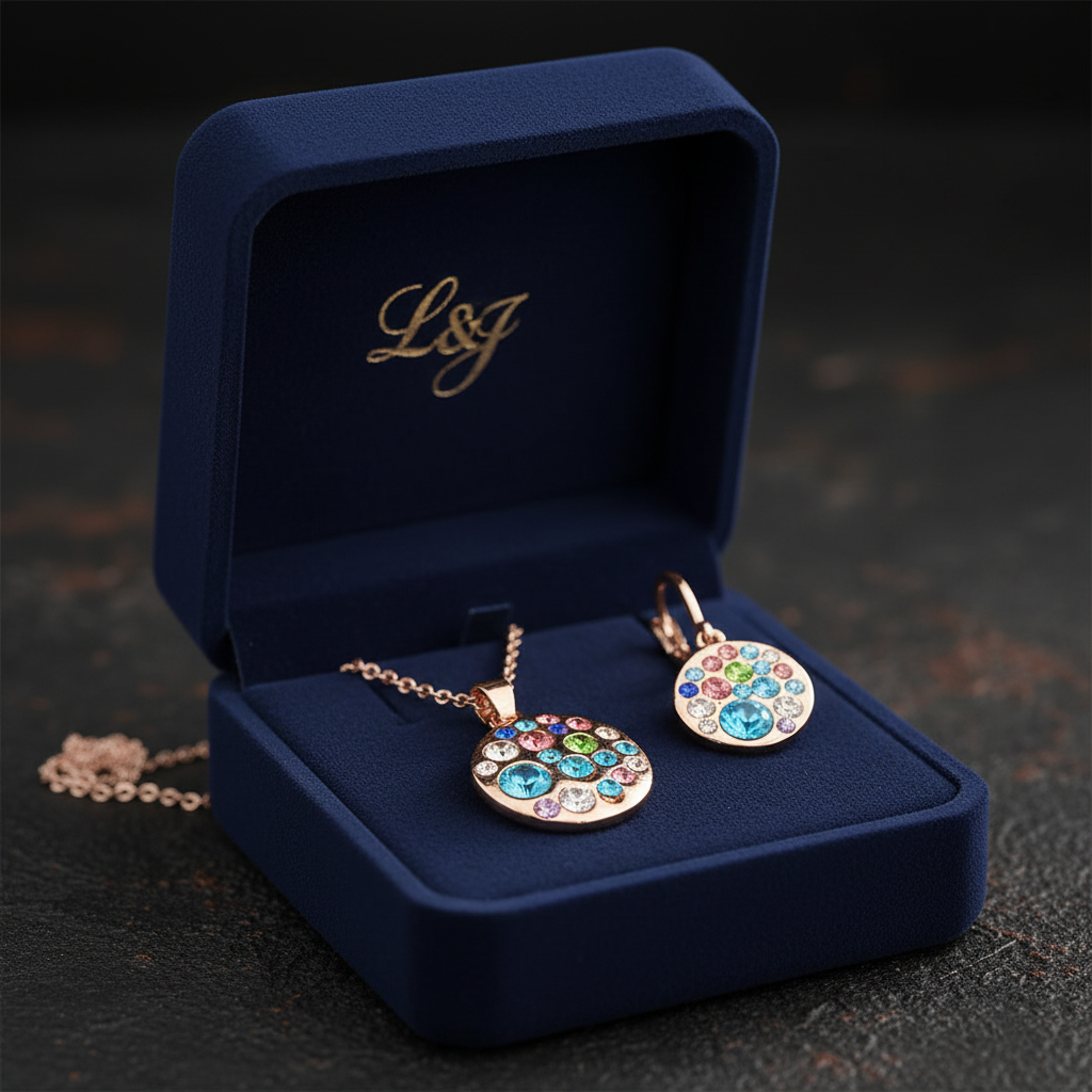 Set Gold Crystal Rose – luxusné balenie v elegantnej šperkovnici, rŪžovozlatý prívesok a náušnice s kryštálmi | HARAKKA