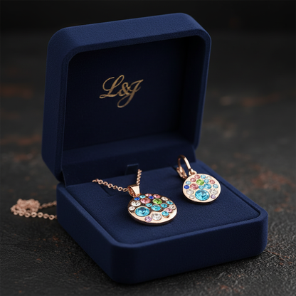 Set Gold Crystal Rose – luxusné balenie v elegantnej šperkovnici, rŪžovozlatý prívesok a náušnice s kryštálmi | HARAKKA