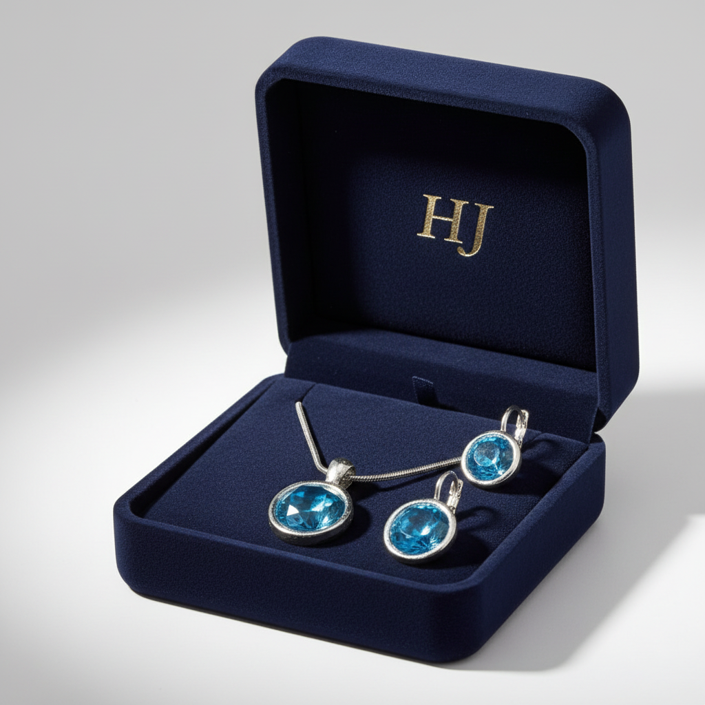 Set náhrdelníka a náušníc s aqua modrým krištáľom v šperkovnici HJ | HARAKKA Jewls