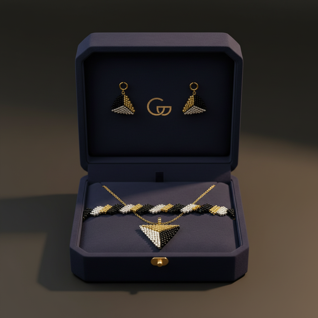 Set Zlatá geometria noci v elegantnéj tmavej šperkovnici | HARAKKA