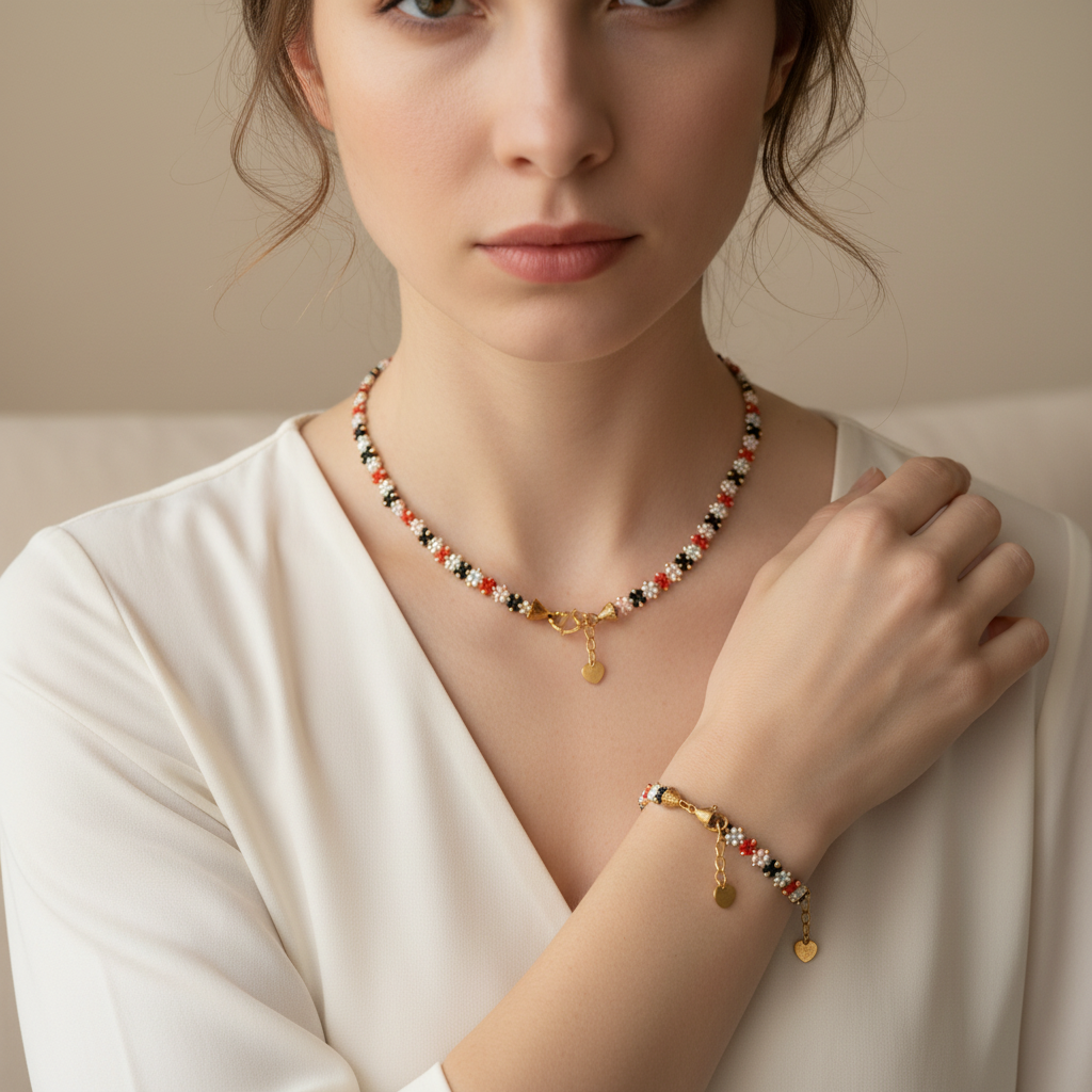 Ručne tkaný set kvetinového náhrdelníka a náramku na modelke, Harakka šperky