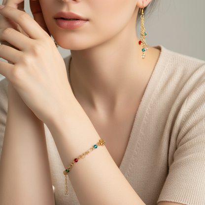 Set náušníc a náramku s farebnými kryštálmi na modelke – Harakka Jewls