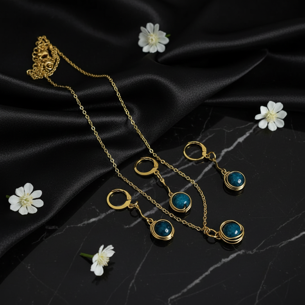 Green Agate Earrings and Necklace Set in Gold Surgical Steel – Emerald Tranquility S34