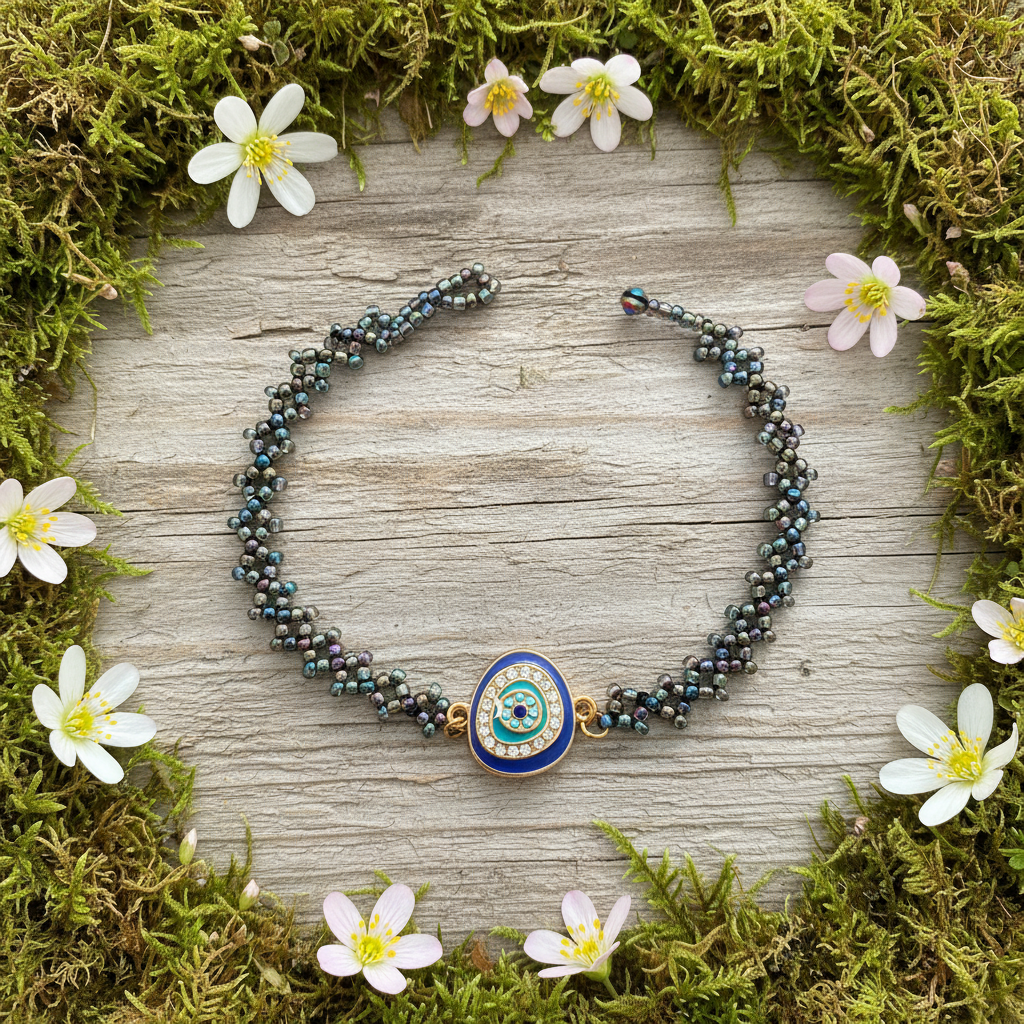 Evil Eye Bracelet - hand-woven metallic bead talisman with enamel decoration