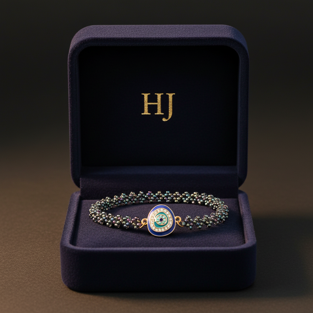 Evil Eye Bracelet - hand-woven metallic bead talisman with enamel decoration