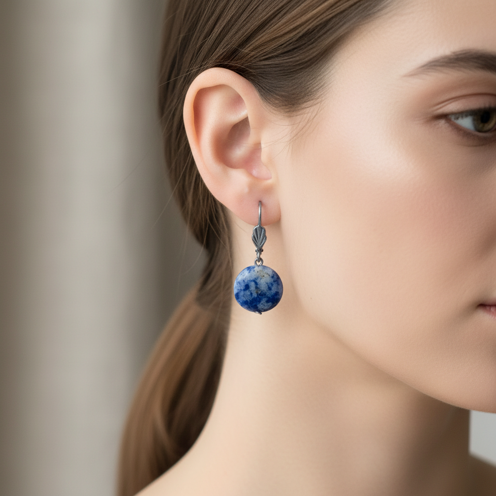 Sodalitové visacie náušnice na modelke – HARAKKA Jewls