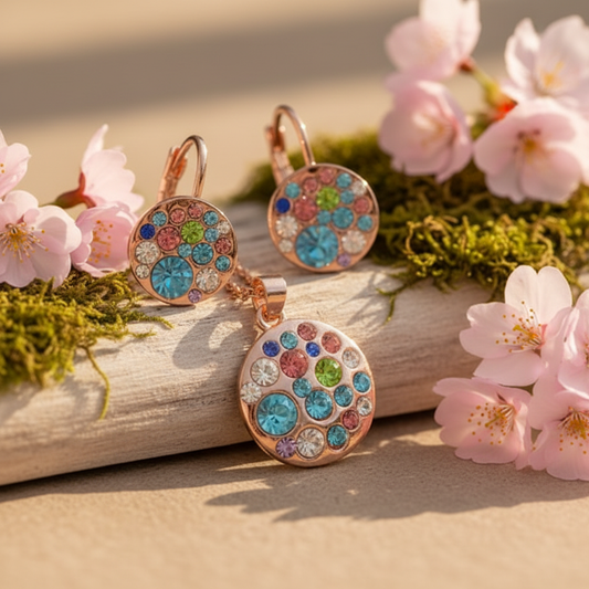Set Gold Crystal Rose – rŪžovozlatý set s kryštálmi na prírodnom pozadí s kvetmi | HARAKKA