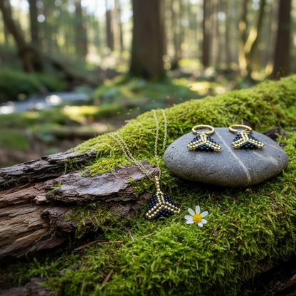 Čierno-zlatý set šperkov na machu a dreve pri potoku – prírodná atmosféra, handmade šperk Harakka Jewls