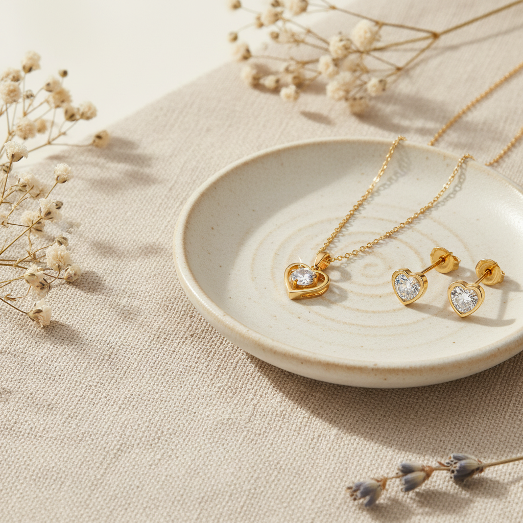 Zlatý prívesok srdce so zirkónom Živa – svetlý flat lay, luxusný handmade šperk Harakka