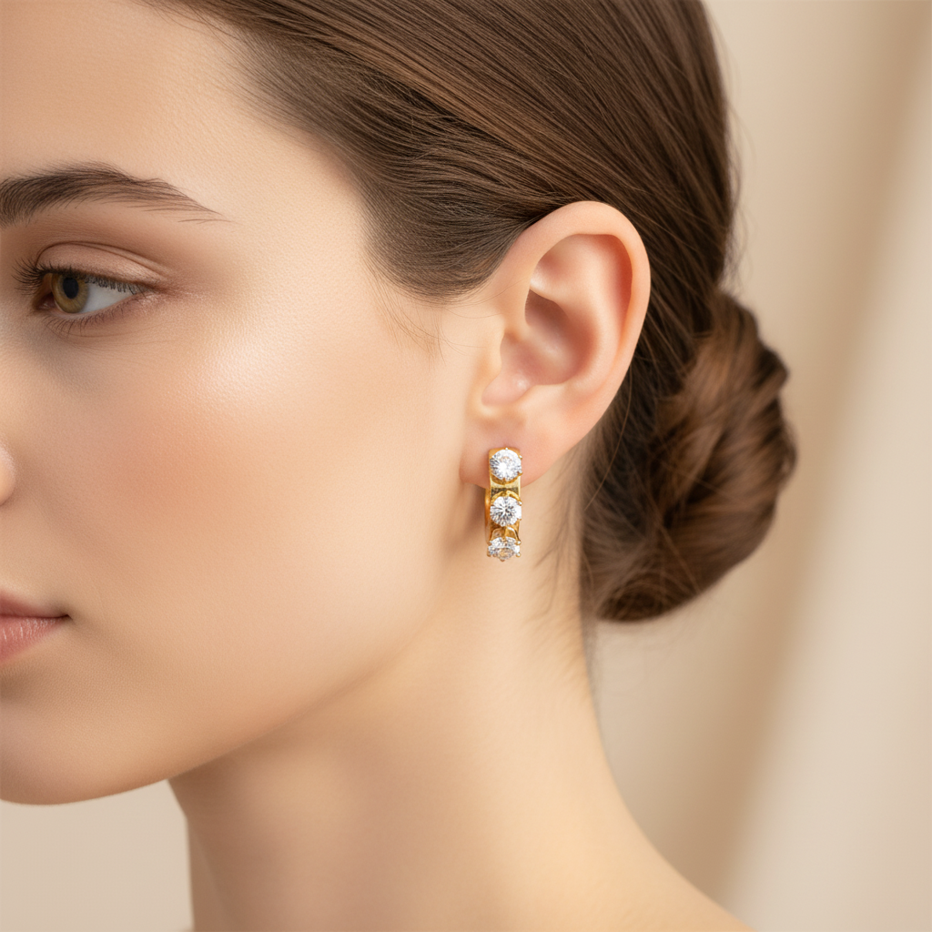 Zlaté náušnice s bielymi zirkónmi na uchu modelky | HARAKKA
