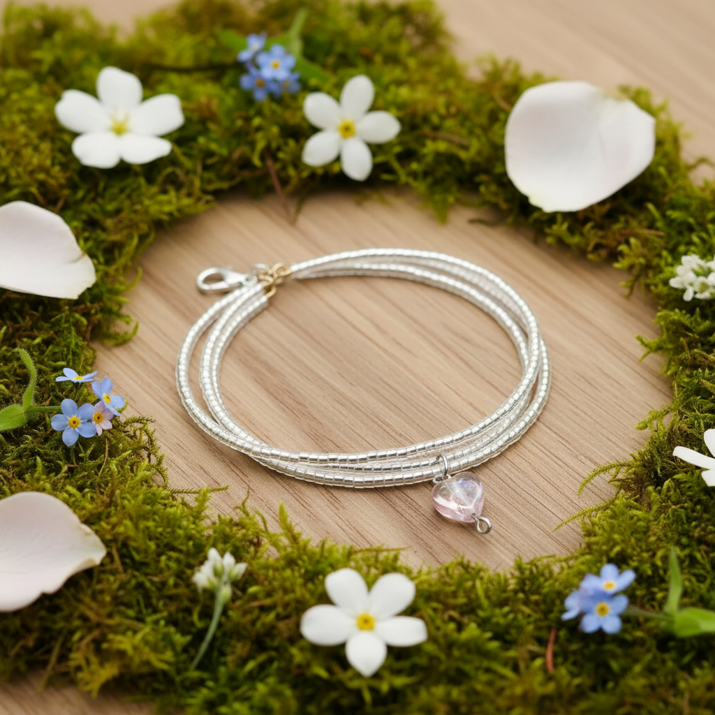 Náramok White N305 – prírodné pozadie, drevo a kvety | Harakka Jewls