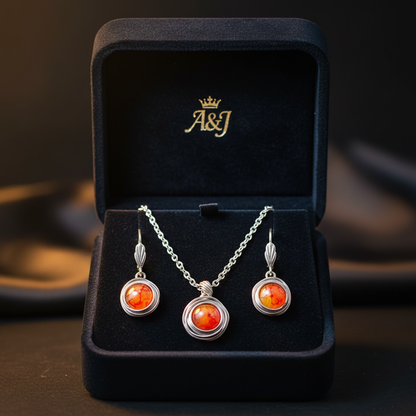Set oranžový achát v elegantnej tmavej šperkovnici, luxusné balenie, Harakka šperky