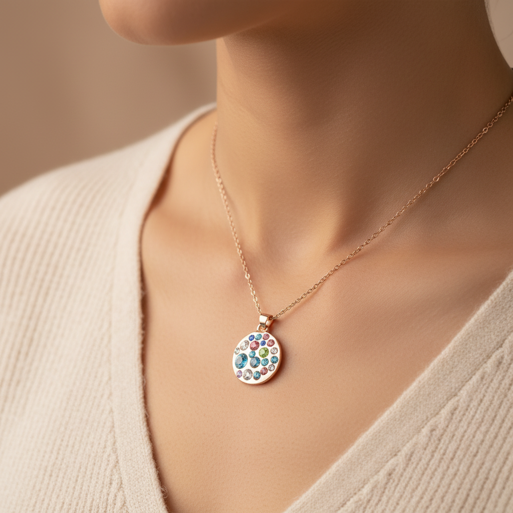 Set Gold Crystal Rose – rŪžovozlatý prívesok s kryštálmi na modelke, detail krku | HARAKKA