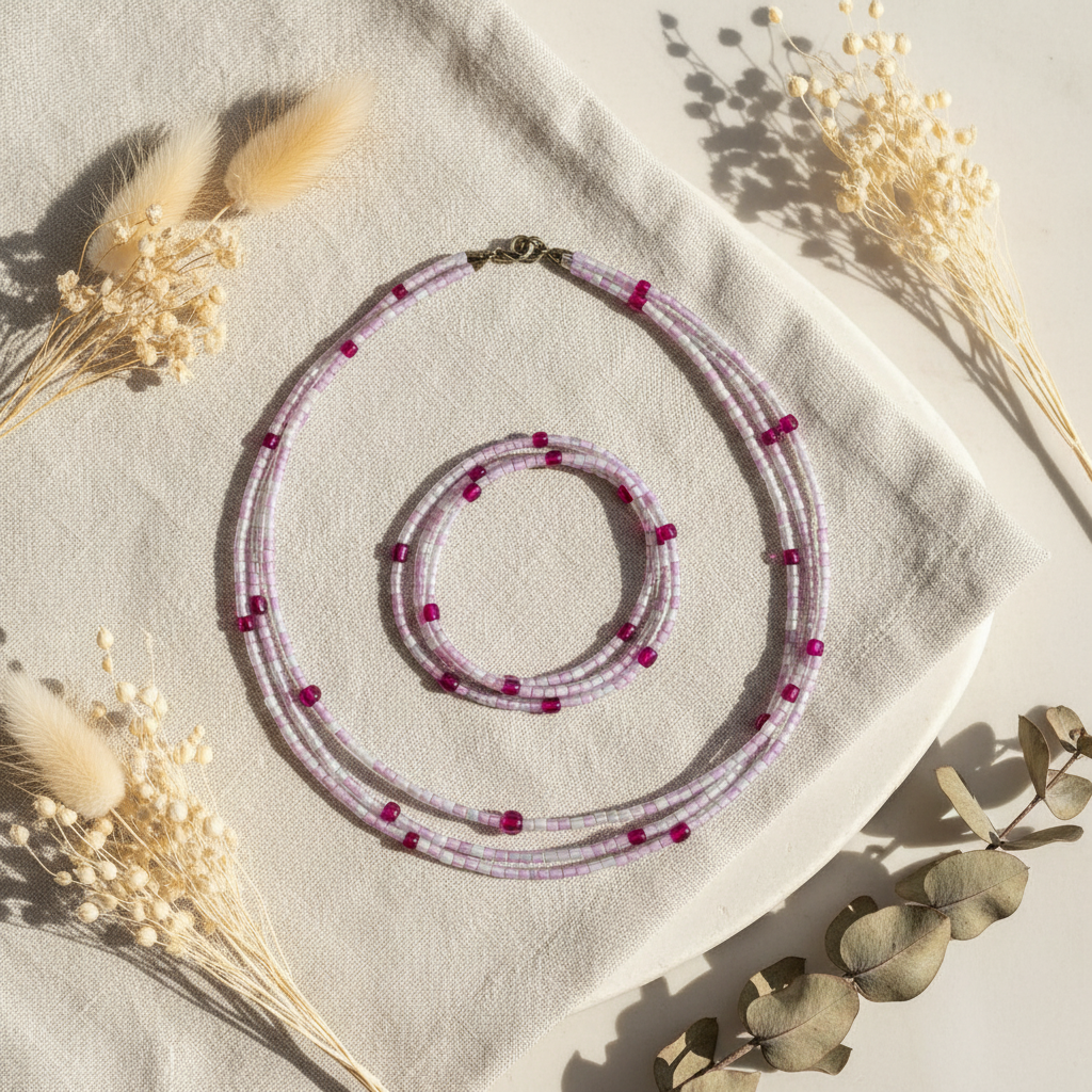 Flat lay – ružový set šperkov na krémovom pozadí