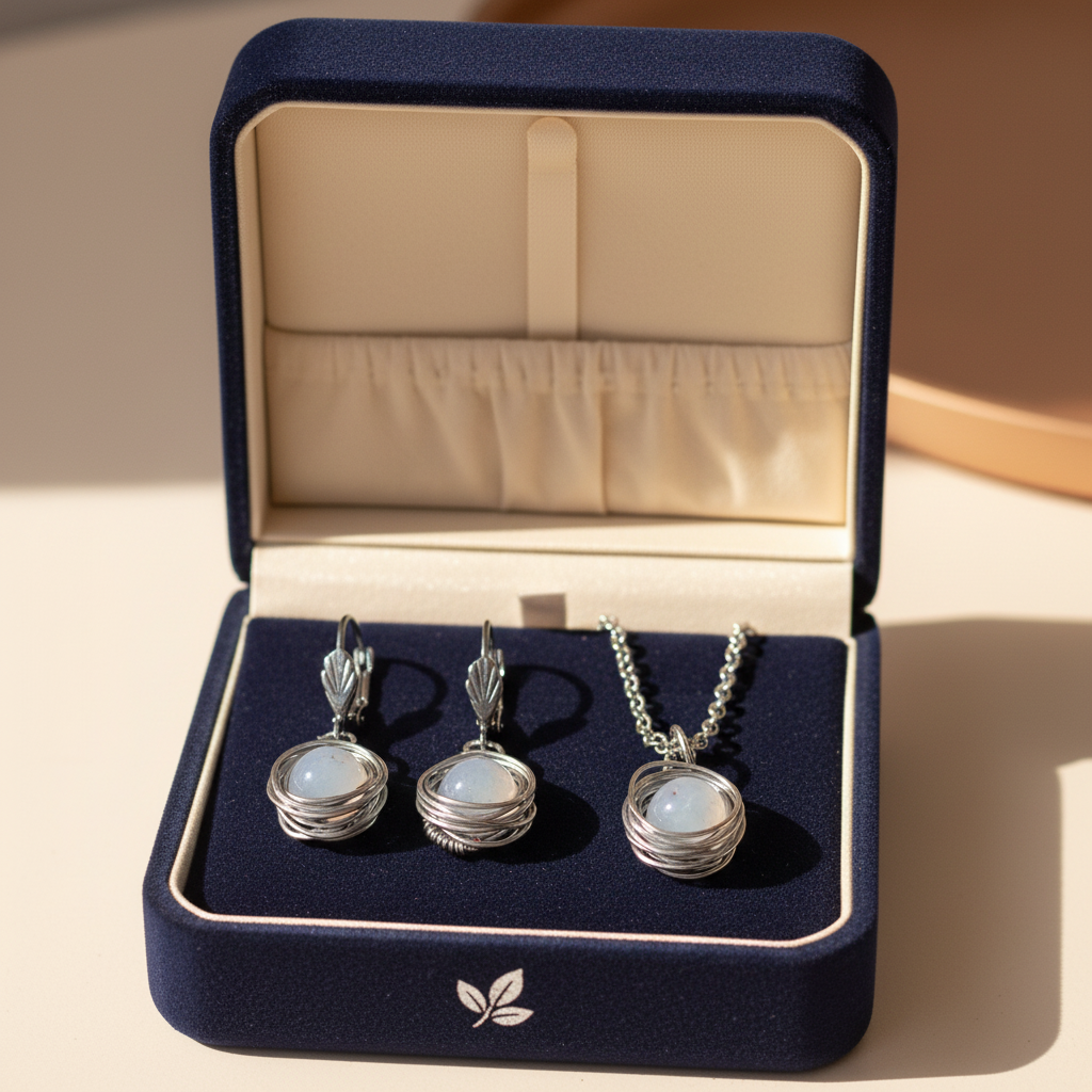 Set bielý Achát v elegantnej šperkovnici – Harakka