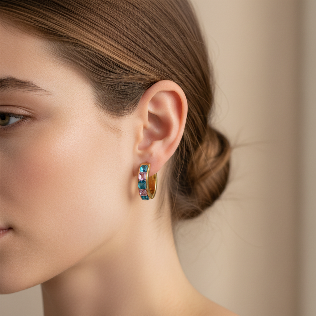 Náušnice Blue-Lilla s modrými a fialovými kamienkami na uchu modelky | HARAKKA