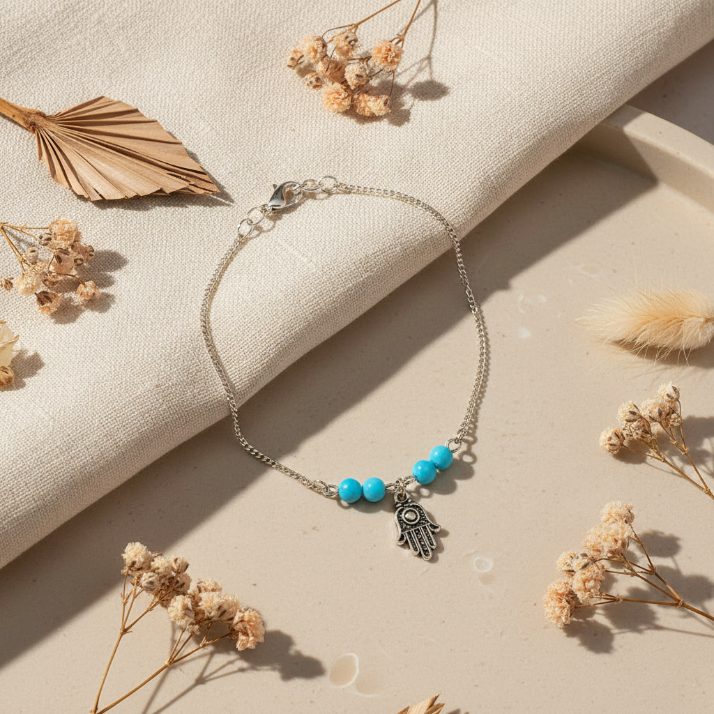 Modrý náramok na nohu – Harakka luxury flat lay