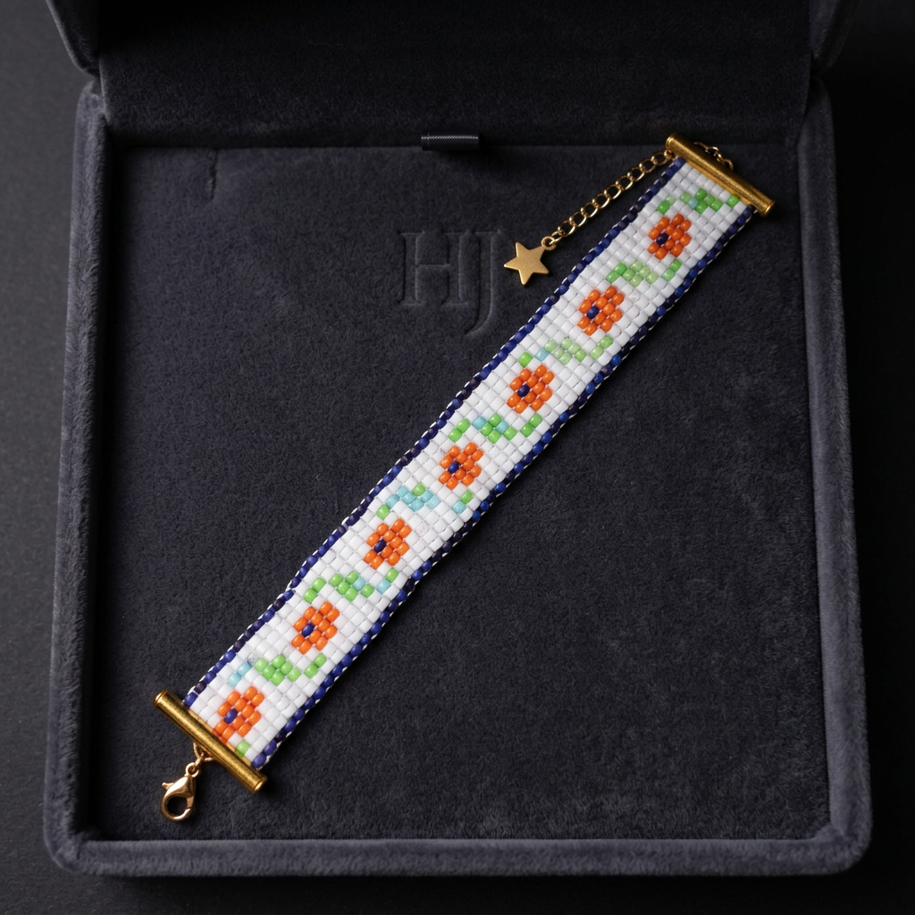 Náramok s oranžovými kvetmi v tmavej šperkovnici