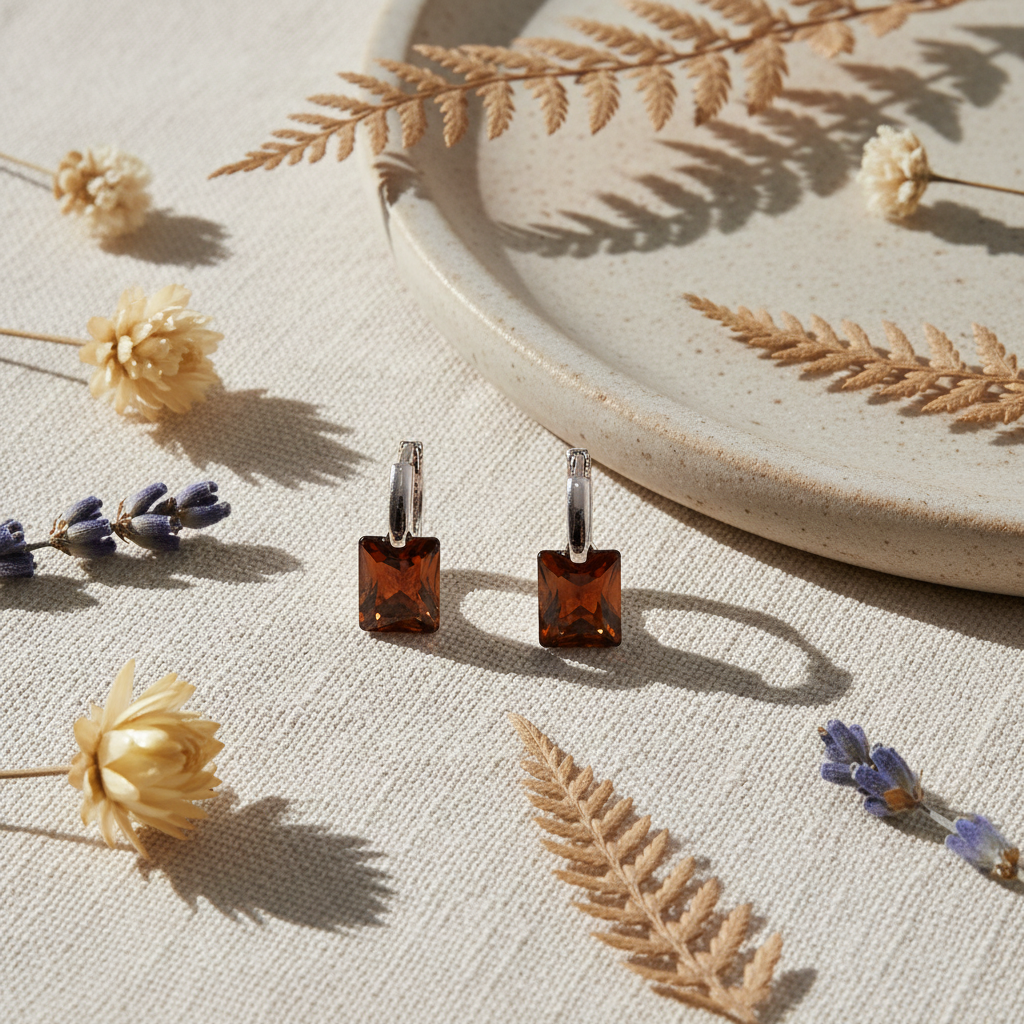 Náušnice s jantárovým kamienkom – luxusný flat lay Harakka