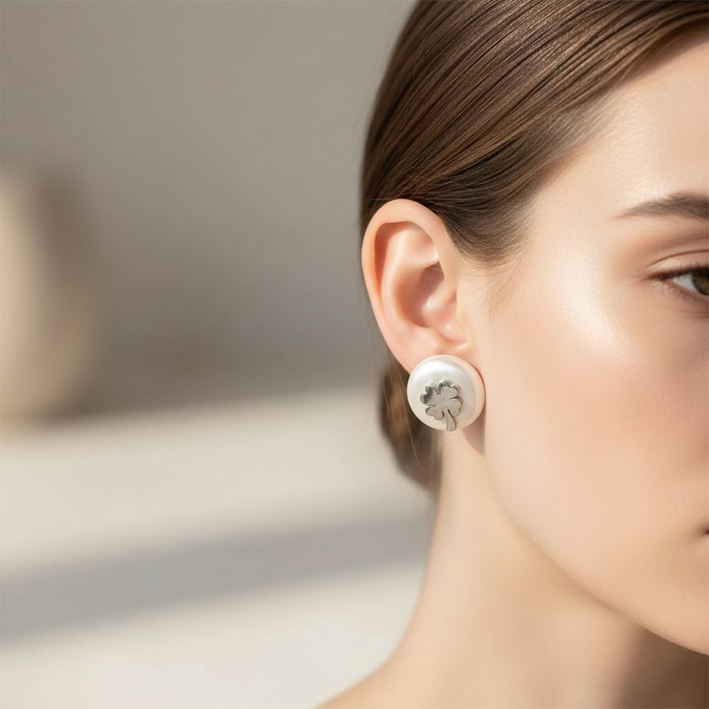 Náušnice so štvorlístkom na modelke – Harakka Jewls