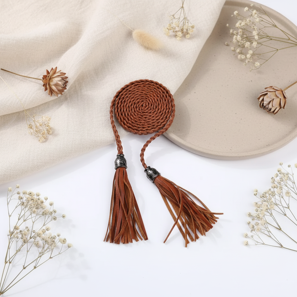 Pletený opasok so strapcami – Harakka flat lay