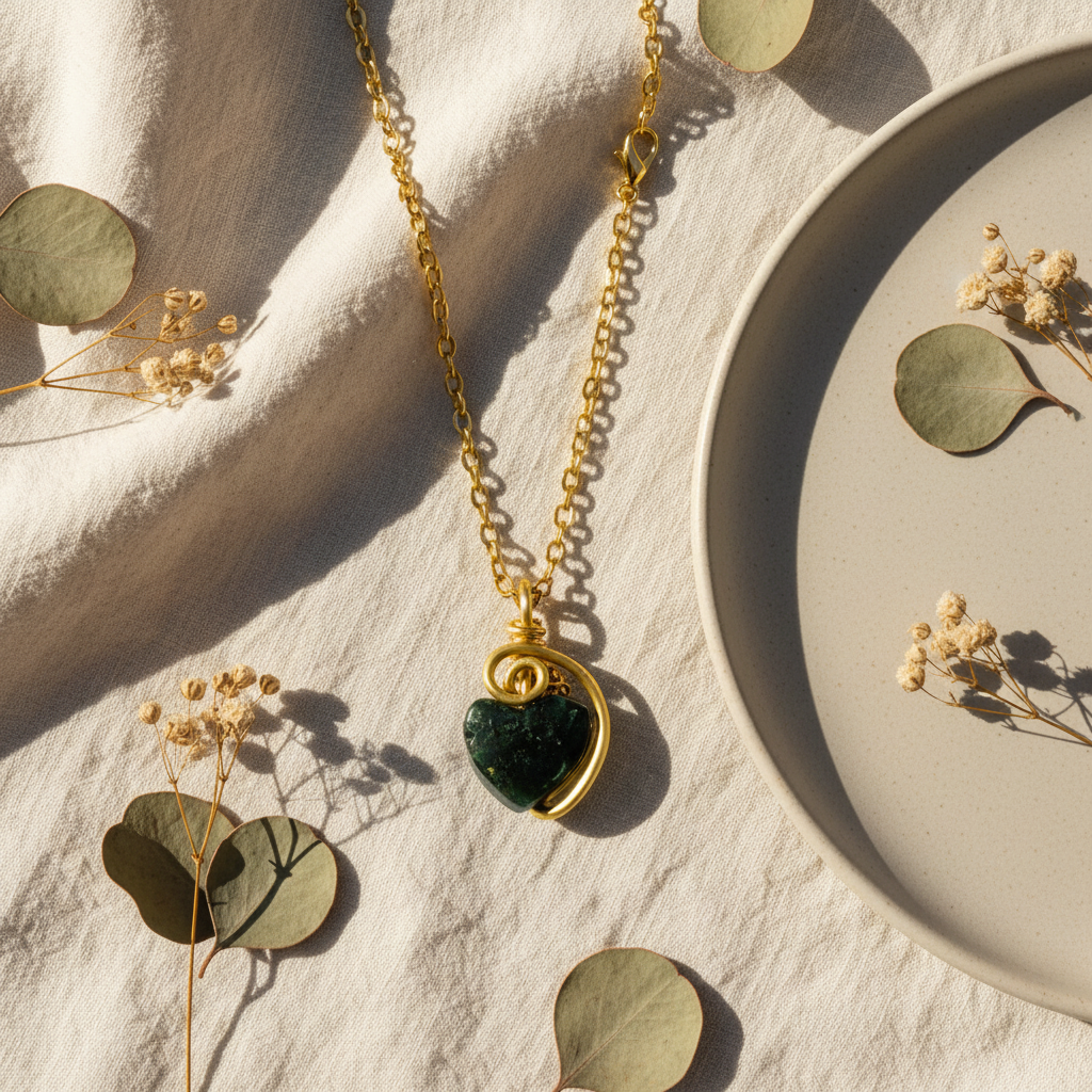 Prívesok srdiečko Apačské zlato – luxusný flat lay