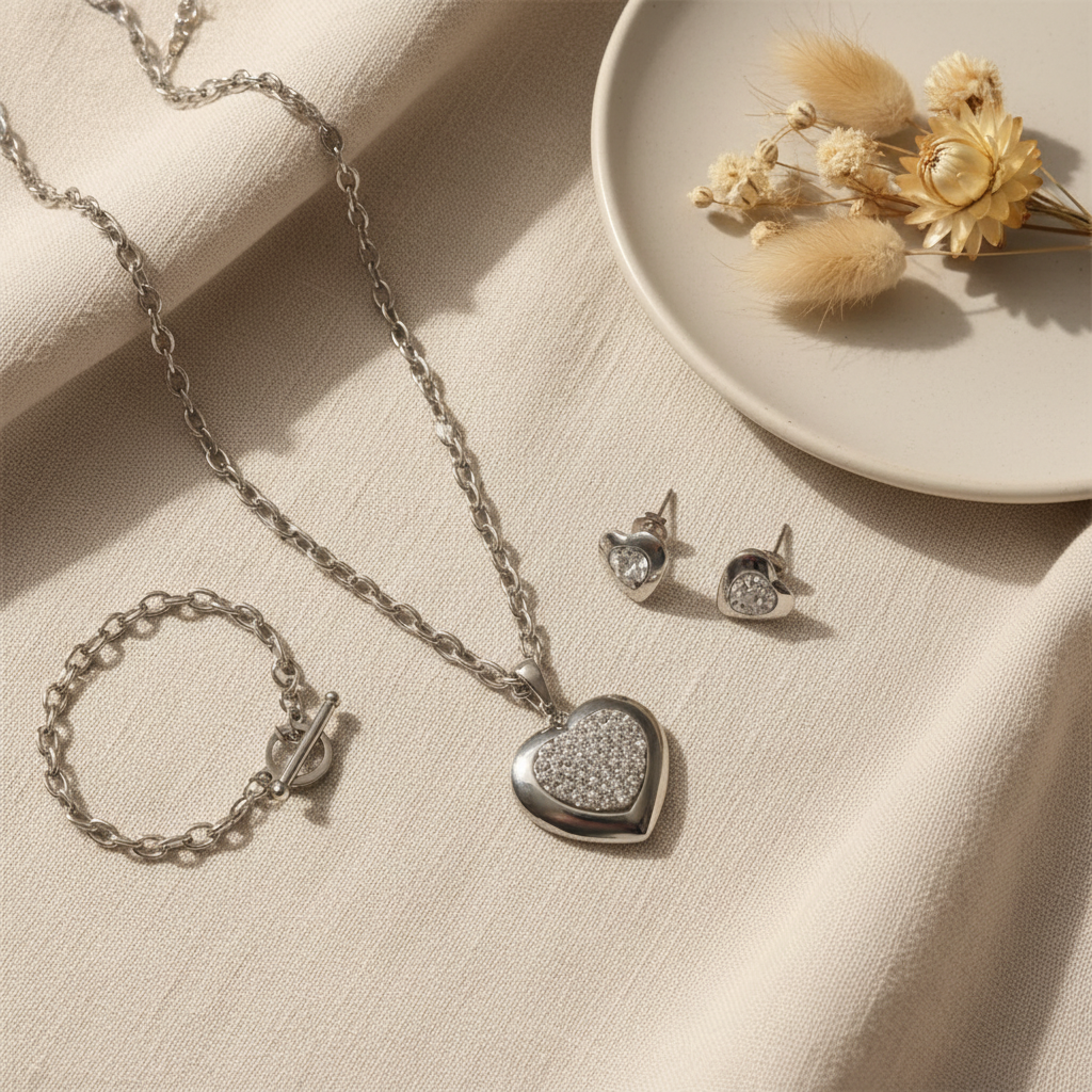 Queen Set Heart Silver – flat lay