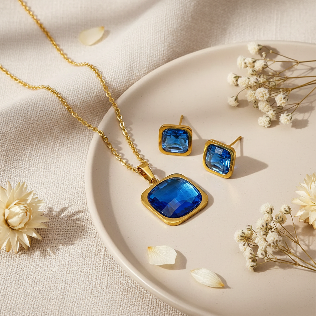 QUEEN Set Modrý Kocka – Harakka luxusný flat lay