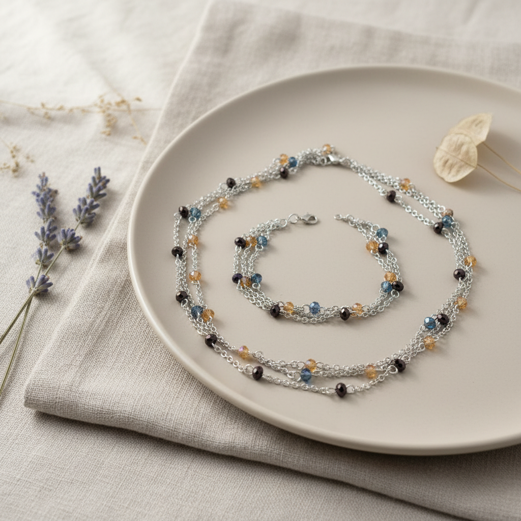 Set náramku a náhrdelníka s brúsenými korálkami – Harakka flat lay