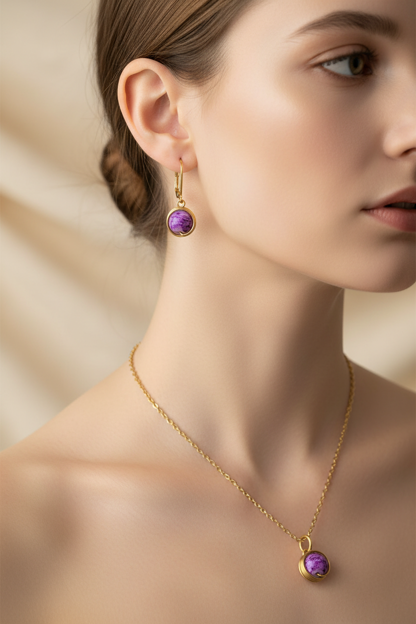 Set náušníc a prívesku na modelke – správne zapínanie