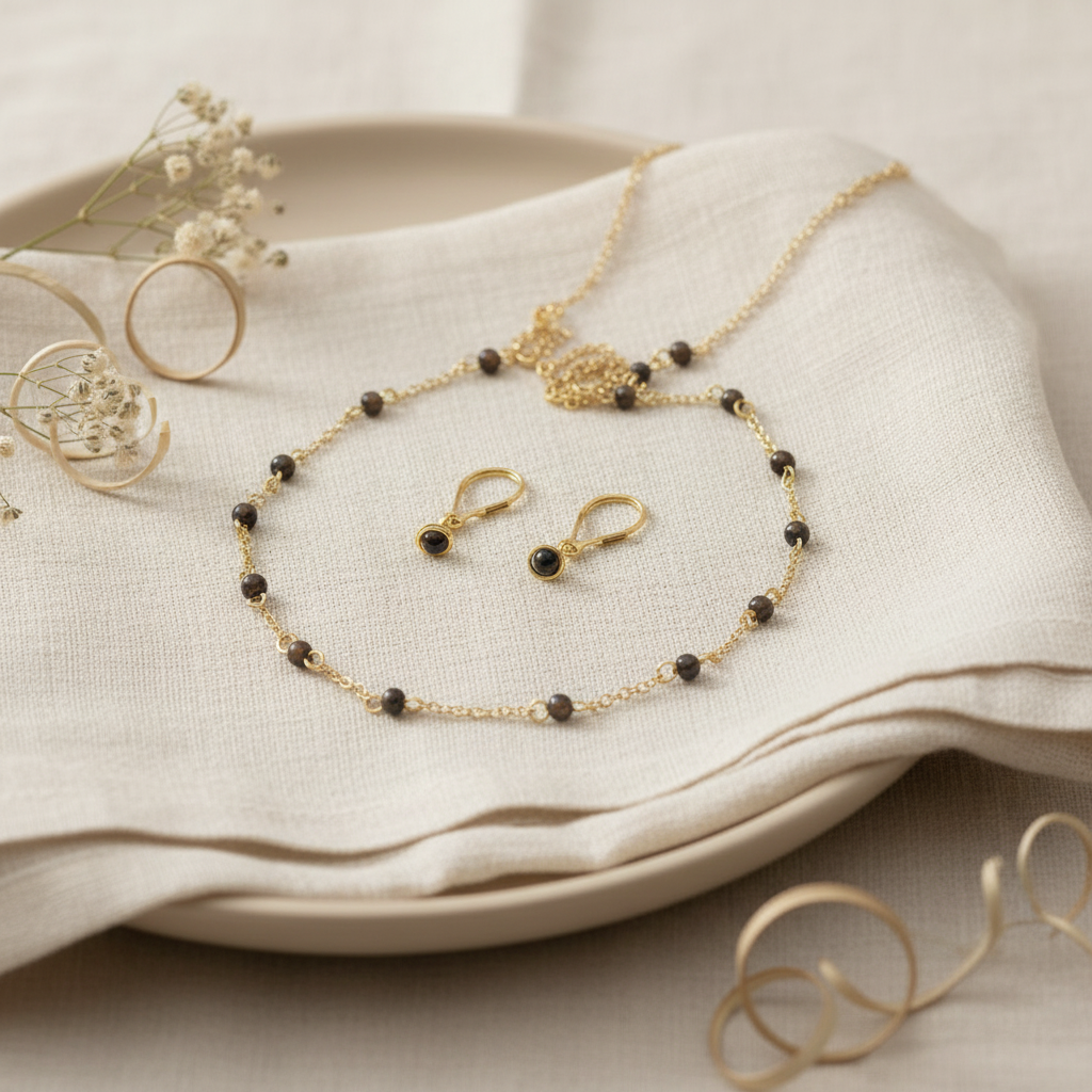 Set náušníc a retiazky – hnedé korálky – Harakka flat lay
