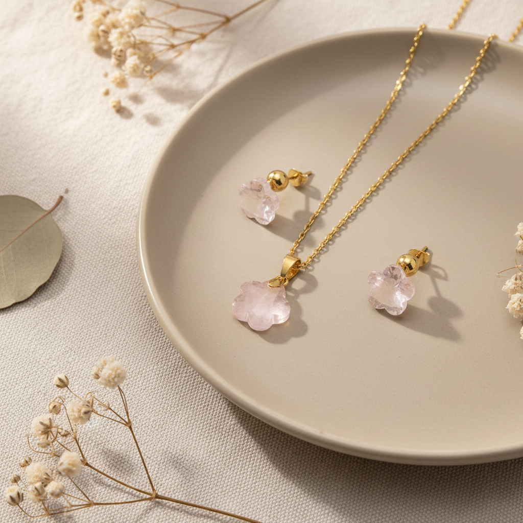 Set s ružovými kvietočkami – Harakka luxusný flat lay