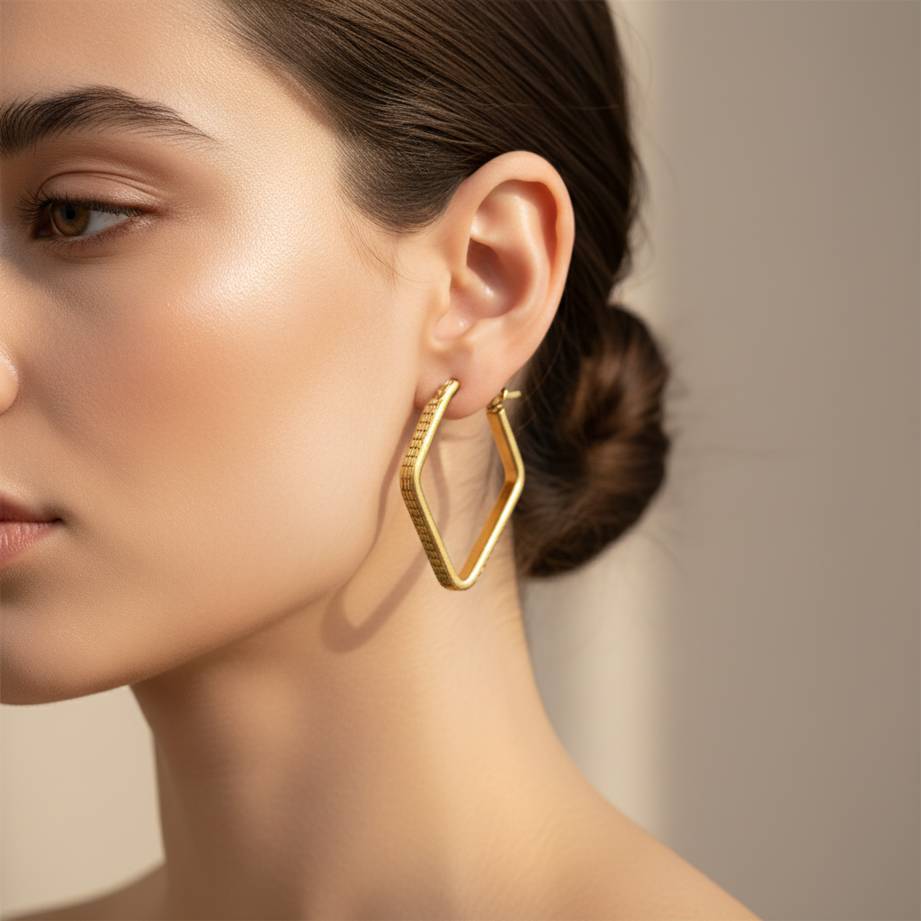 Zlaté geometrické náušnice s pleteným vzorom na modelke – Harakka Jewls