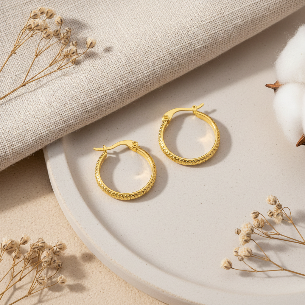 Zlaté kruhy s pletencom – Harakka flat lay