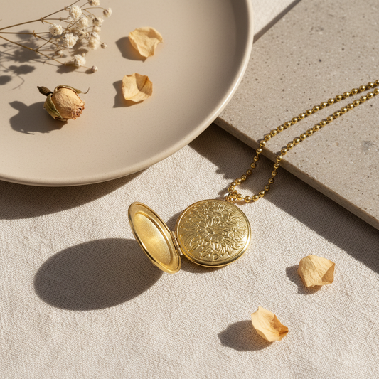 Zlatý medailón – Harakka luxury flat lay