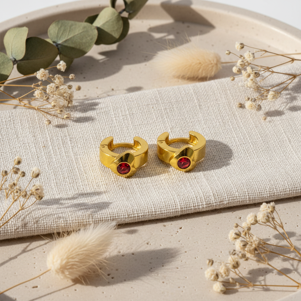 Zlaté náušnice s červeným kamienkom – luxusný flat lay Harakka