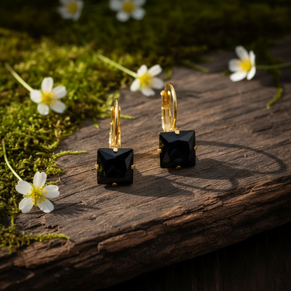 Zlaté náušnice s čiernym zirkónom v prírode – Harakka Jewls
