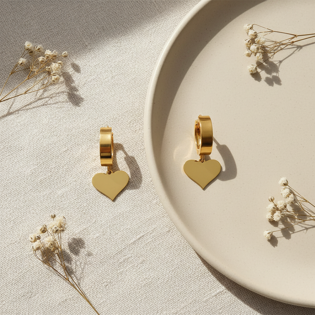 Zlaté náušnice so srdiečkovým príveskom – luxusný flat lay Harakka