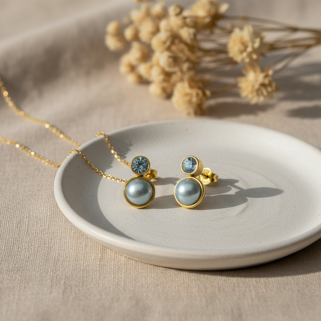 Zlatý set perla a zirkón – luxusný flat lay