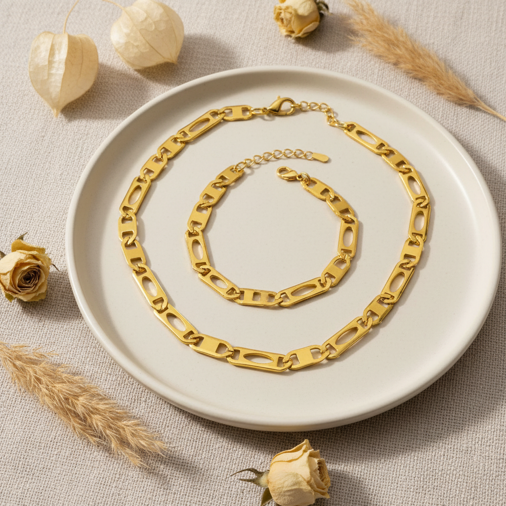 Zlatý set retiazka + náramok – Harakka flat lay