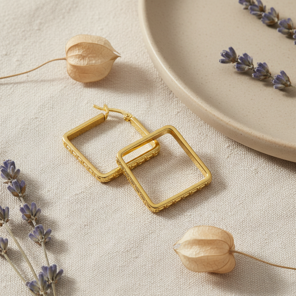 Zlaté štvorcové náušnice s gréckym vzorom – luxusný flat lay Harakka